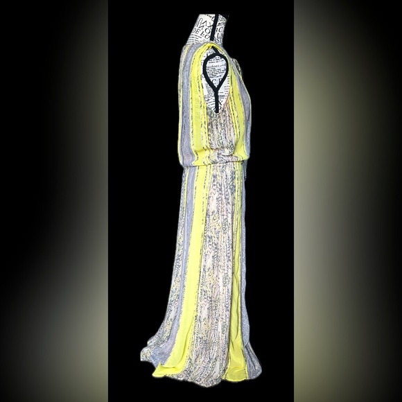 BCBG Maxazria Silk Dress Yellow Lace Novelty Snake Striped Print Front Slit Maxi - Picture 4 of 10